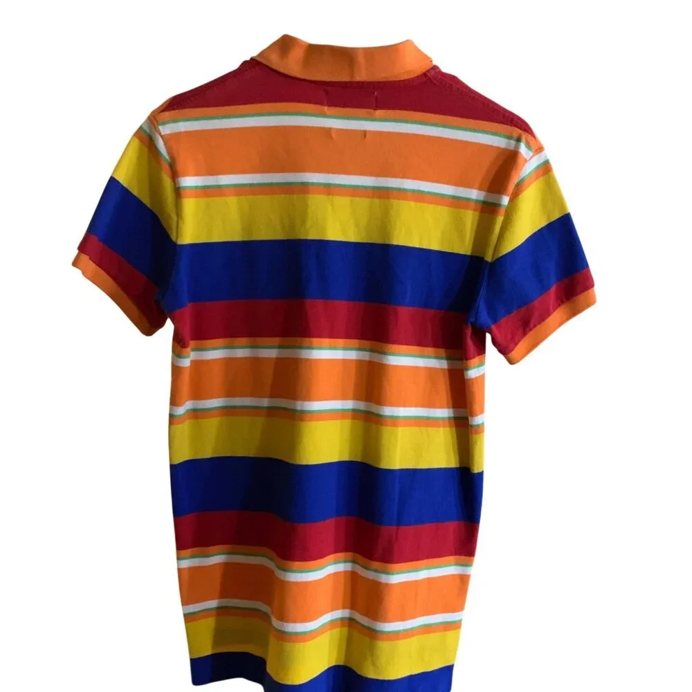 Mens Custom Fit Multicolor Striped Polo Shirt M 100% Cotton Classic Dopamine Y2K